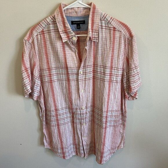 Banana Republic Short Sleeve Button Down Linen Cotton Plaid Orange White Blue L - Picture 5 of 9